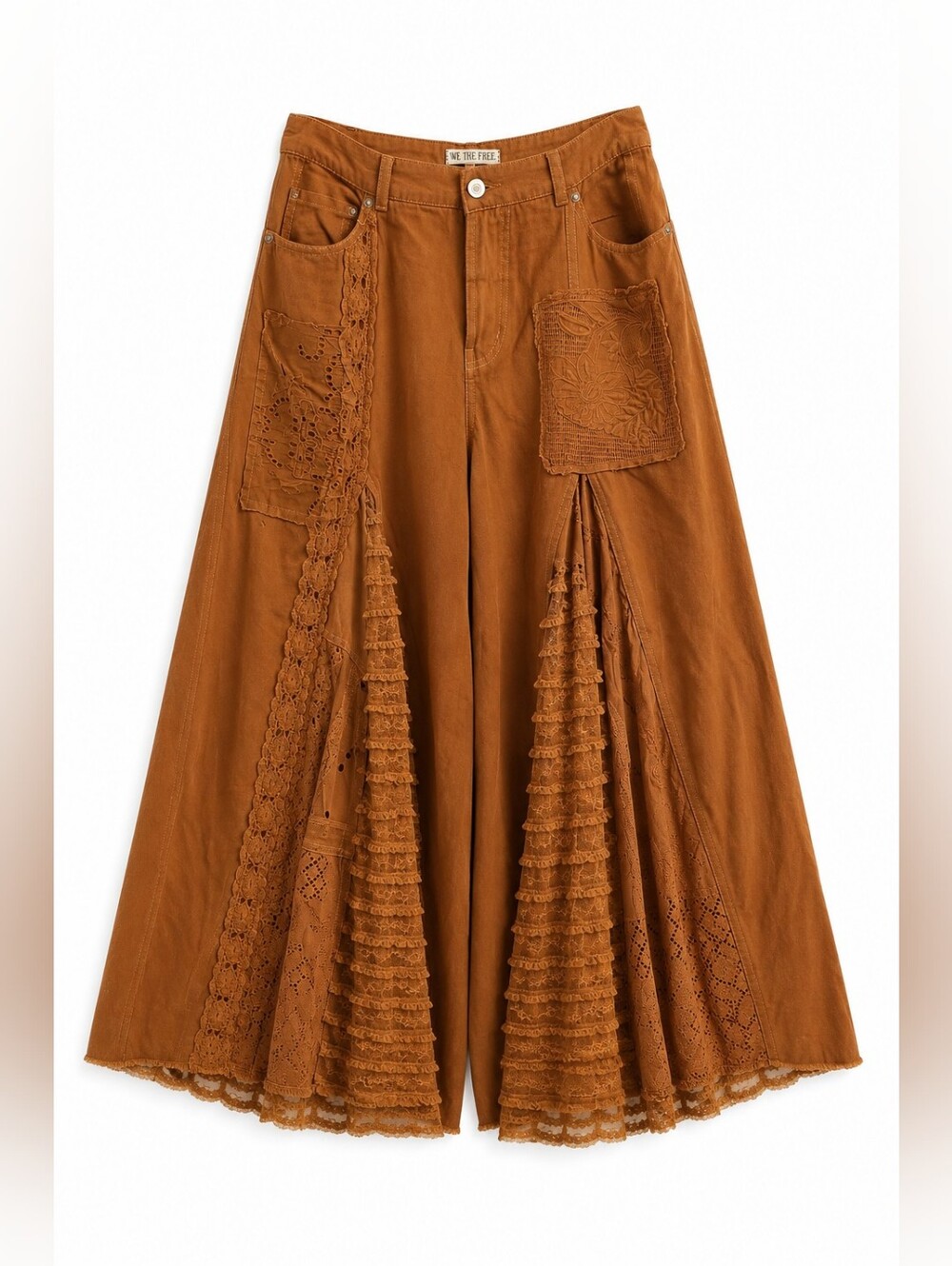 We The Free Great Escape Wide Leg Jeans | Rust Brown | Lace Inset | Size 29 - Picture 2 of 11